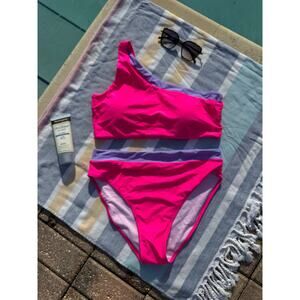NWOT, Brand Unknown, One Shoulder Bikini, Pink and Purple, Sz XL